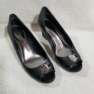 Ralph Lauren black wedge heels with metal buckle